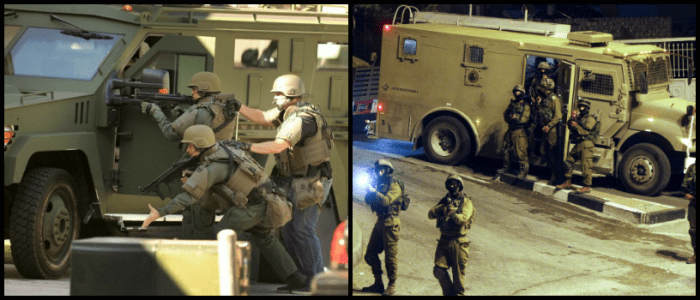 LEFT: ROB VARELA/THE STAR A SWAT team member deploys a flash-bang device outside the garage of an apartment where an armed suspect was believed to be barricaded in Port Hueneme. (Rob Varela—Ventura County Star) RIGHT: Israeli military patrols the streets in the West Bank city of Hebron on July 6, 2014 (Abed Al Hashlamoun—EPA)