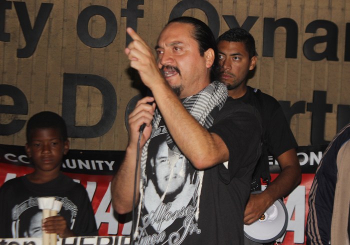 Francisco Romero speaks at Oxnard Police Department during anti-brutality march October 12, 2014 (credit: Agatha Muñoz)