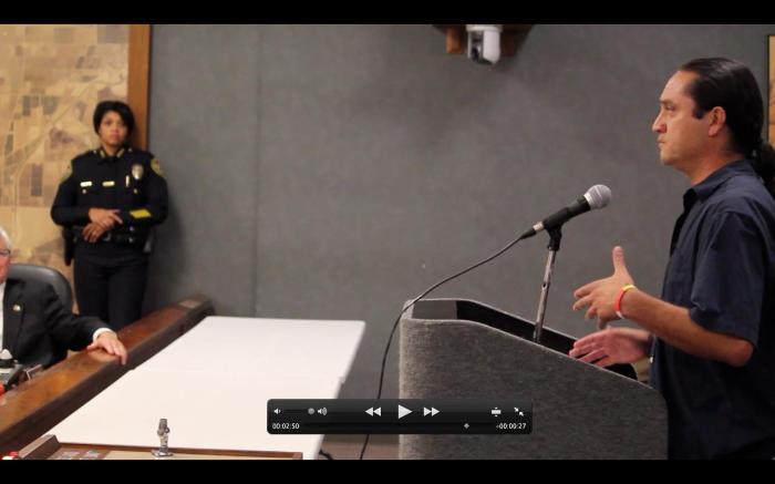 Romero addresses the Oxnard City Council as Chief of Police Jeri Williams watches. For years Romero, one of many active members of the Todo Poder al Pueblo Collective, had earned a reputation in the eyes of the city as an outspoken & strong community advocate. (TODO PODER AL PUEBLO MEDIA OPERATIONS)