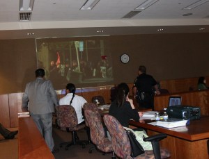 Participants in the trial of Francisco Romero testified on police video recording that allegedly show Romero violating traffic laws. (From Left to Right: Romero’s lawyer; Jaime Gutierrez; Romero; Prosecutor Jennifer Sihn, and Officer Jaime Brown) 